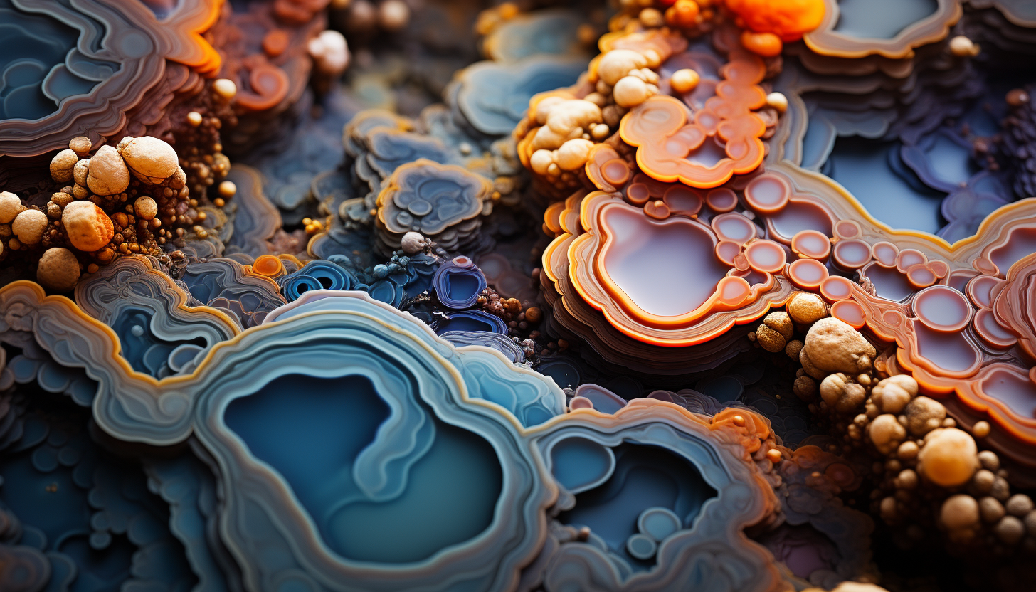 Macro view of colorful mineral formations or the intricate layers in a geode.