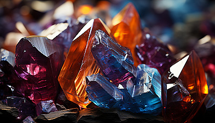 Macro view of colorful minerals or crystals, showing their complex structures and rich tones.