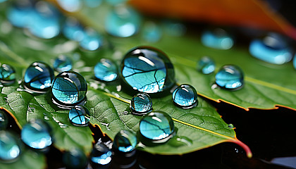 Dewdrops magnifying the vibrant veins of a leaf in a macro shot.