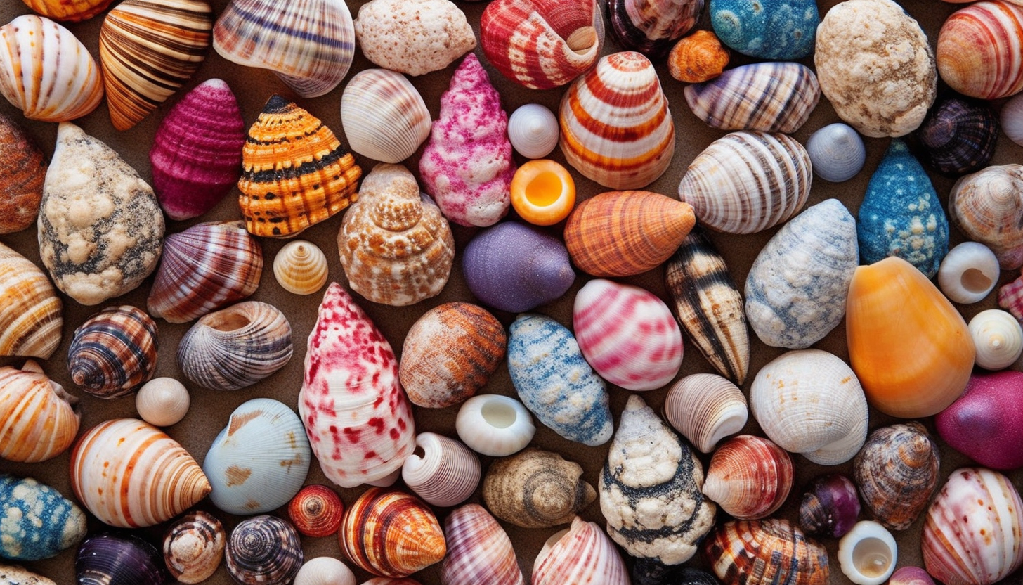 An array of colorful sea shells on a sandy beach.