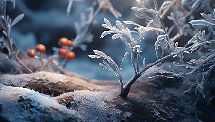 Frost-covered landscapes, with delicate ice crystals adorning branches and leaves.