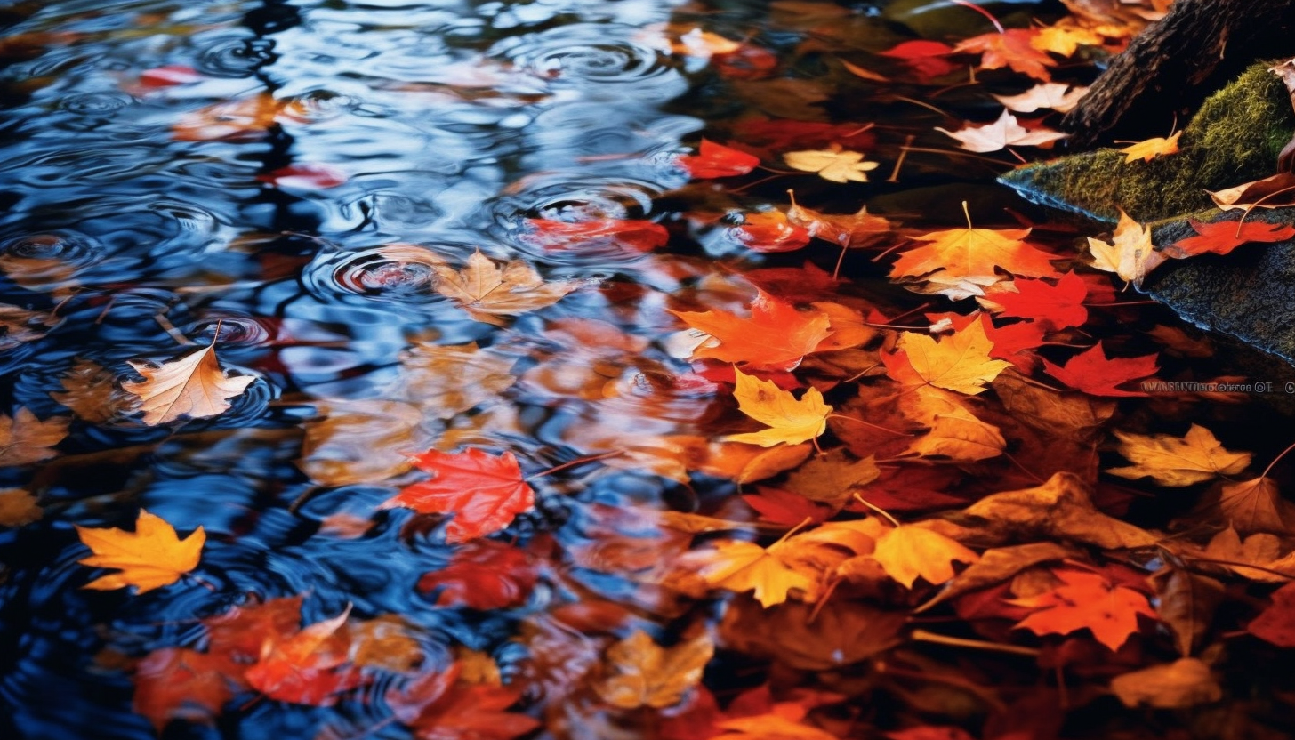 Brightly colored autumn leaves floating down a stream.