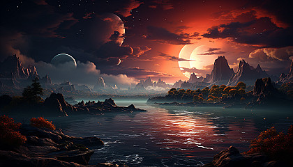 The dramatic colors of a sunset on an alien planet with multiple suns.