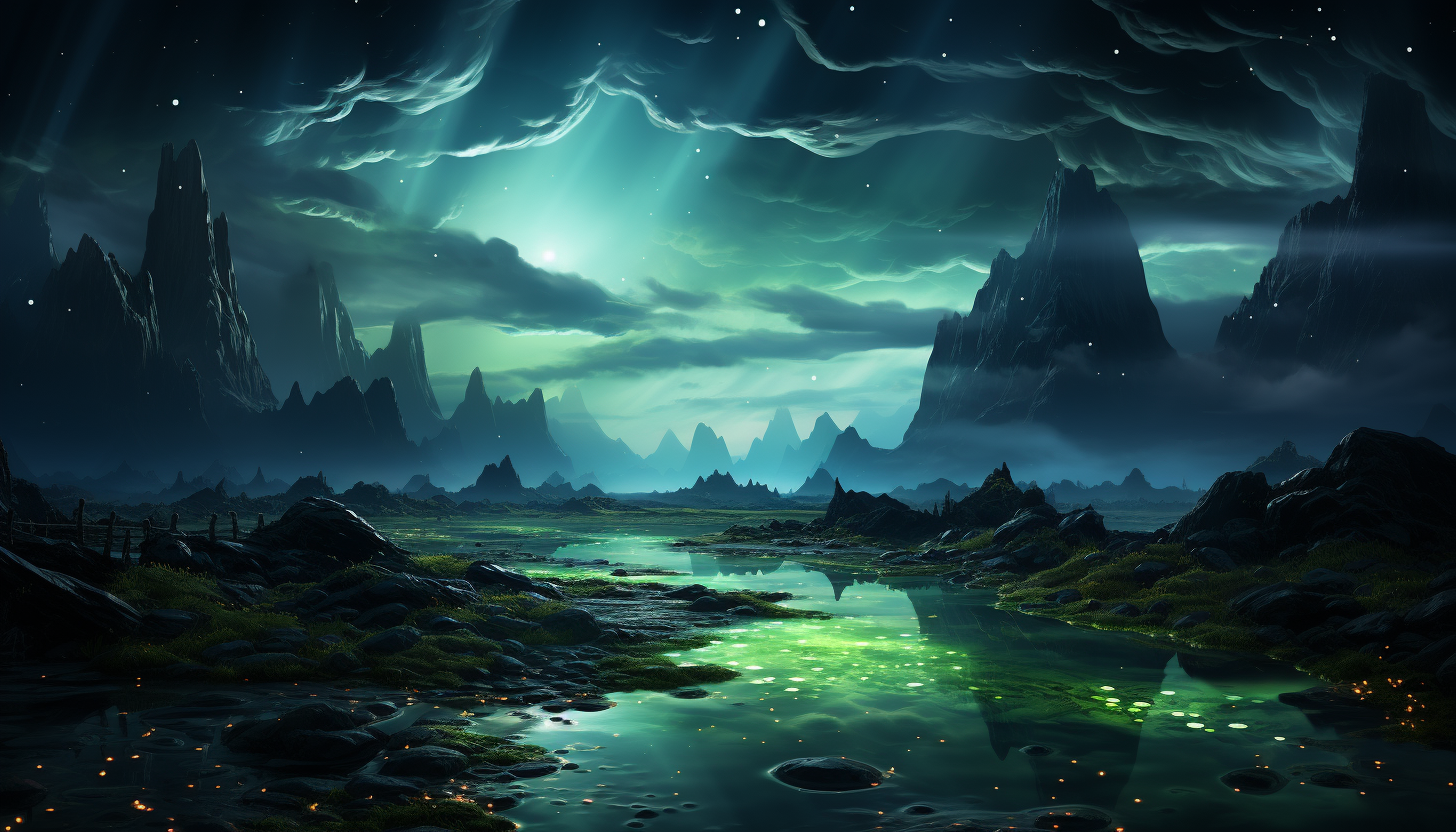 A field of bioluminescent algae under the night sky, creating a surreal, magical scene.