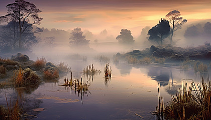 Wisps of fog hovering over a tranquil lake at dawn.