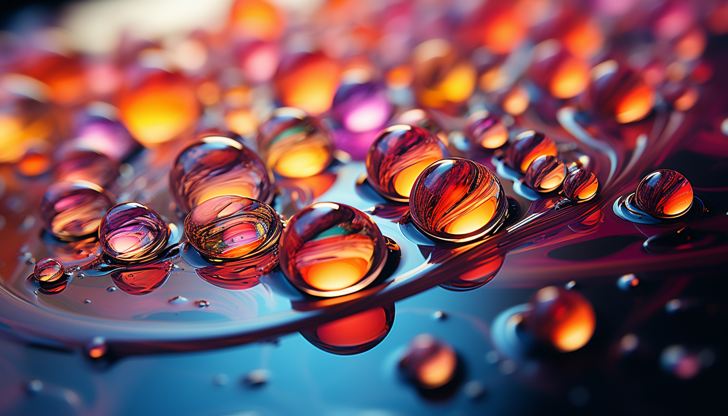Close-up of iridescent bubbles reflecting a spectrum of colors against a bright background.