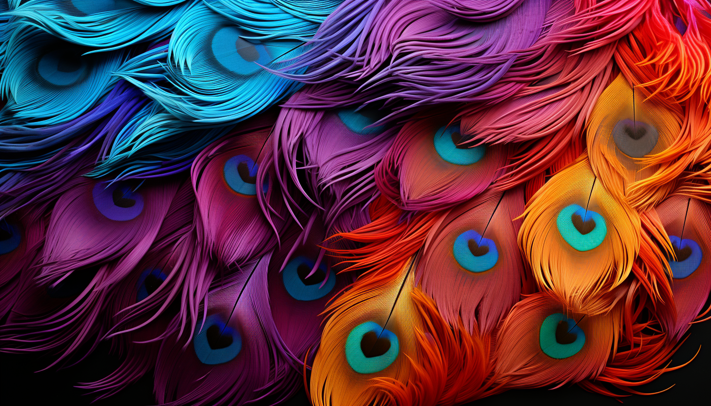 Vibrant peacock feathers, captured in stunning detail, displaying an array of colors.
