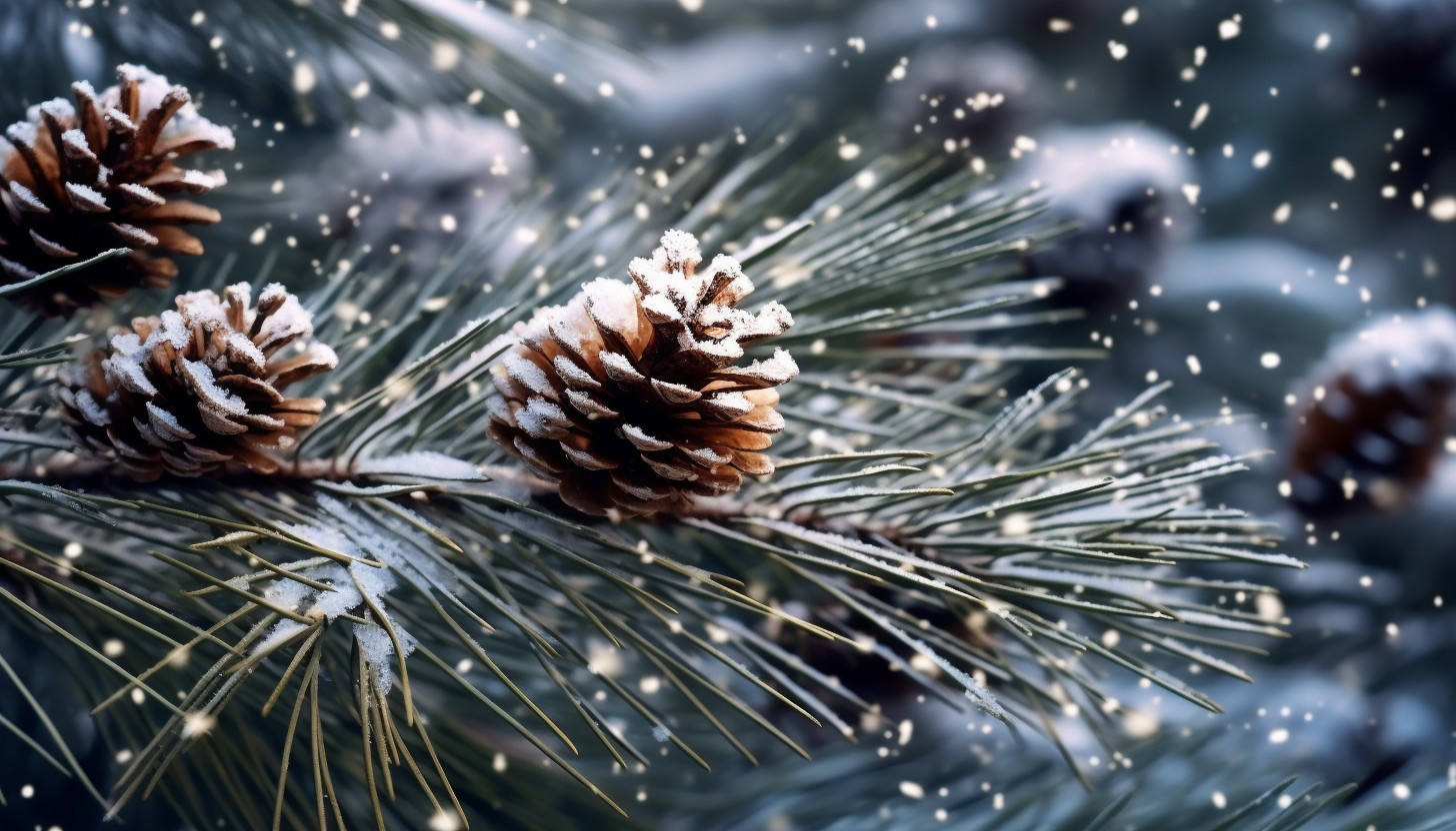 Snowflakes settling on pine needles during a quiet snowfall.