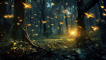 Fireflies twinkling in a dusky woodland.