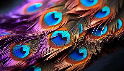 The iridescent sheen of a peacock feather up close.