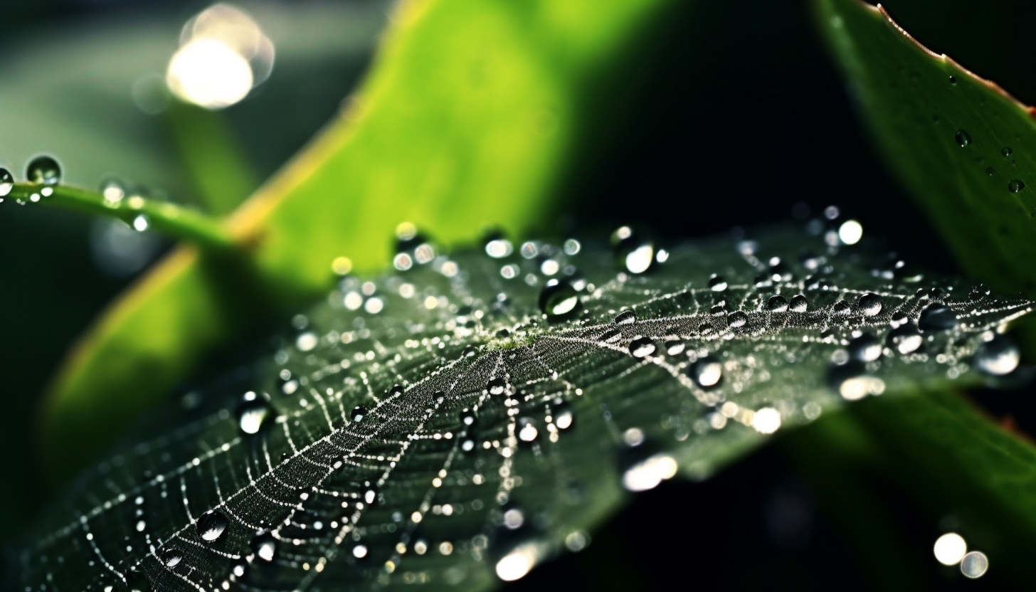 An intricate spider's web glistening with morning dew.