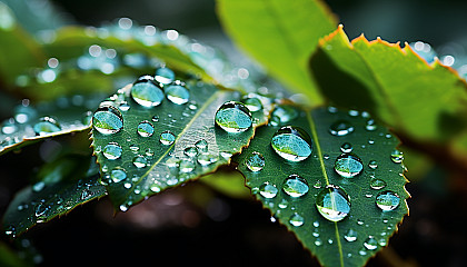 Close-up of dew drops refracting light on a leaf.