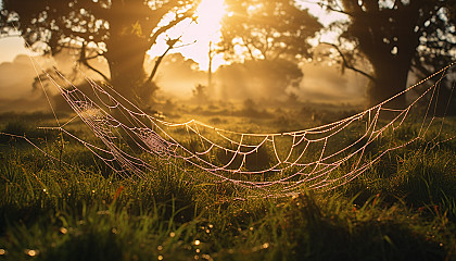 Dew-covered cobwebs glittering in the morning sun.