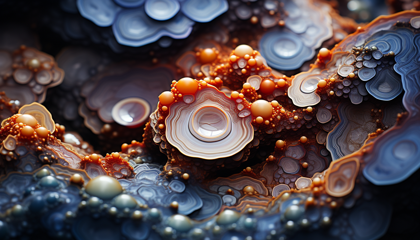 Microscopic view of crystal formations in a geode.