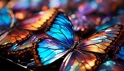 The iridescent patterns on a butterfly's wing seen up close.