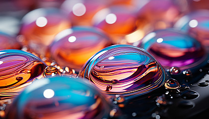 Close-up of iridescent bubbles reflecting the surrounding colors.