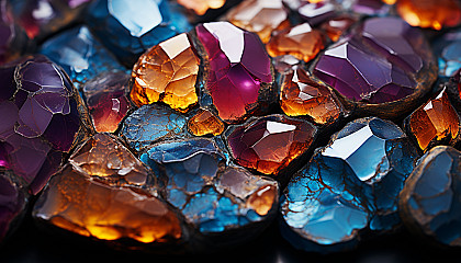 Colorful and detailed close-up of the surface of a mineral or gem.