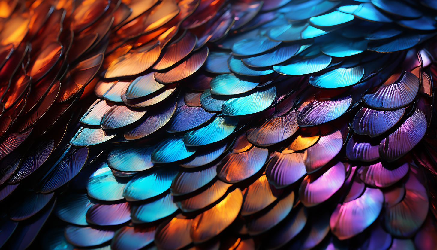 A macro shot of iridescent butterfly wings, showcasing their detailed scales.