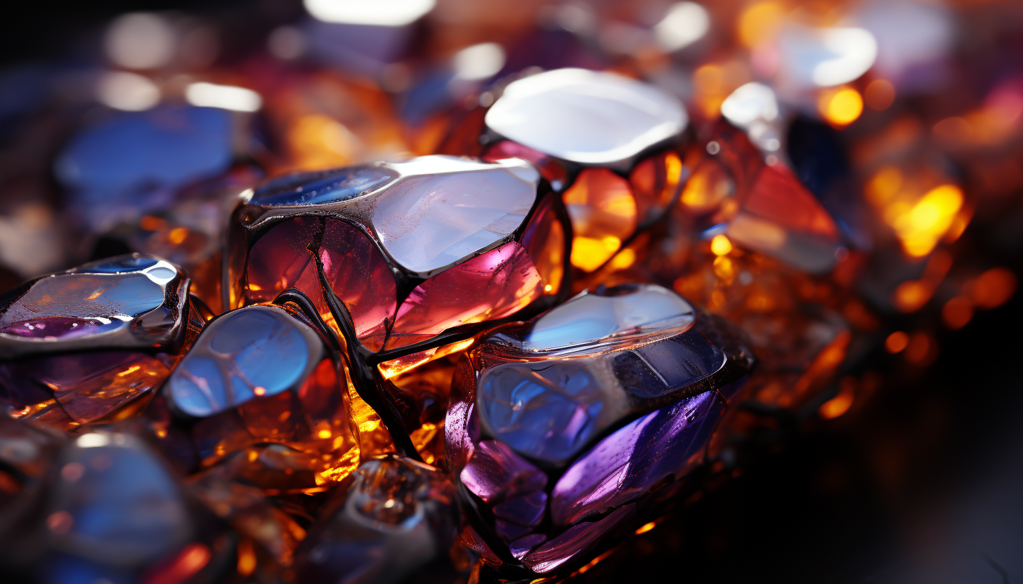 A macro image of a gemstone, highlighting its complex structure and colors.