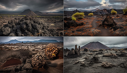 Volcanic landscapes featuring lava flows, ash clouds, and unique rock formations.