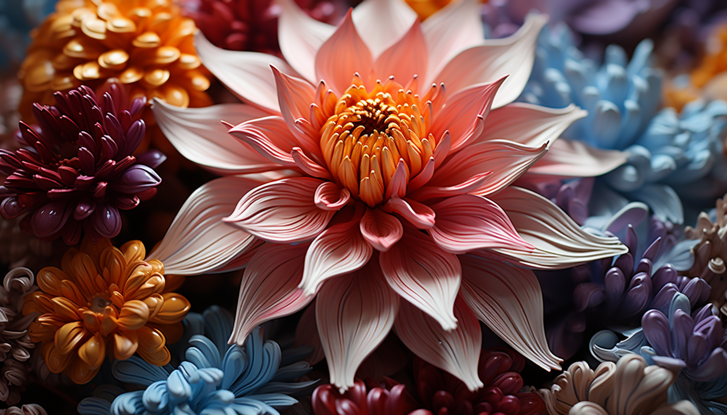 Extreme close-up of the inside of a blooming flower, focusing on the intricate structures and vibrant colors.