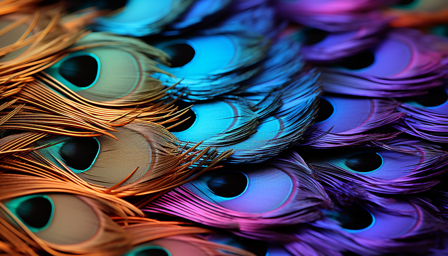 Macro detail of the iridescence in a peacock's tail feather.