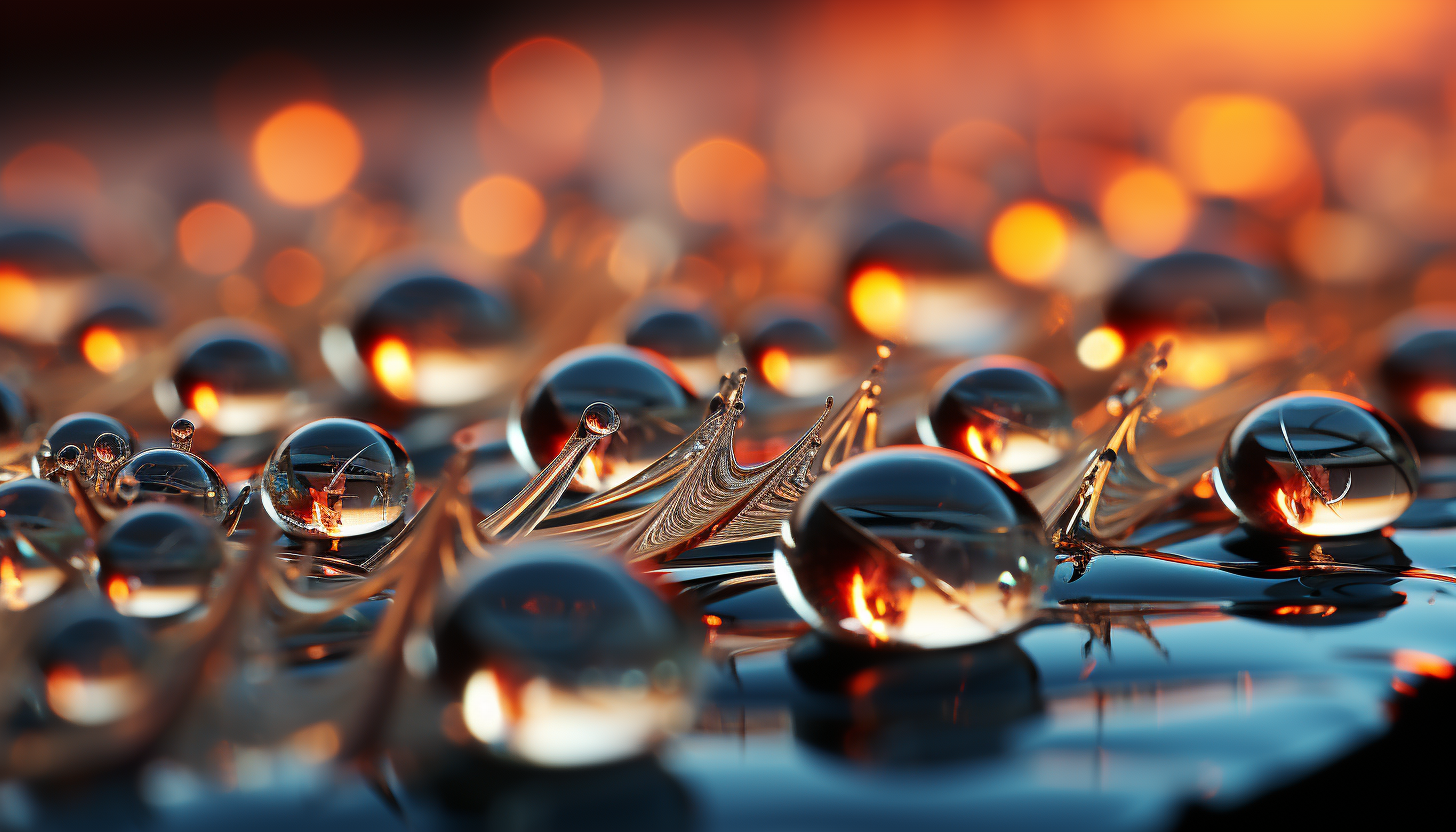 Macro shot of dewdrops on a spider's web, refracting morning light.