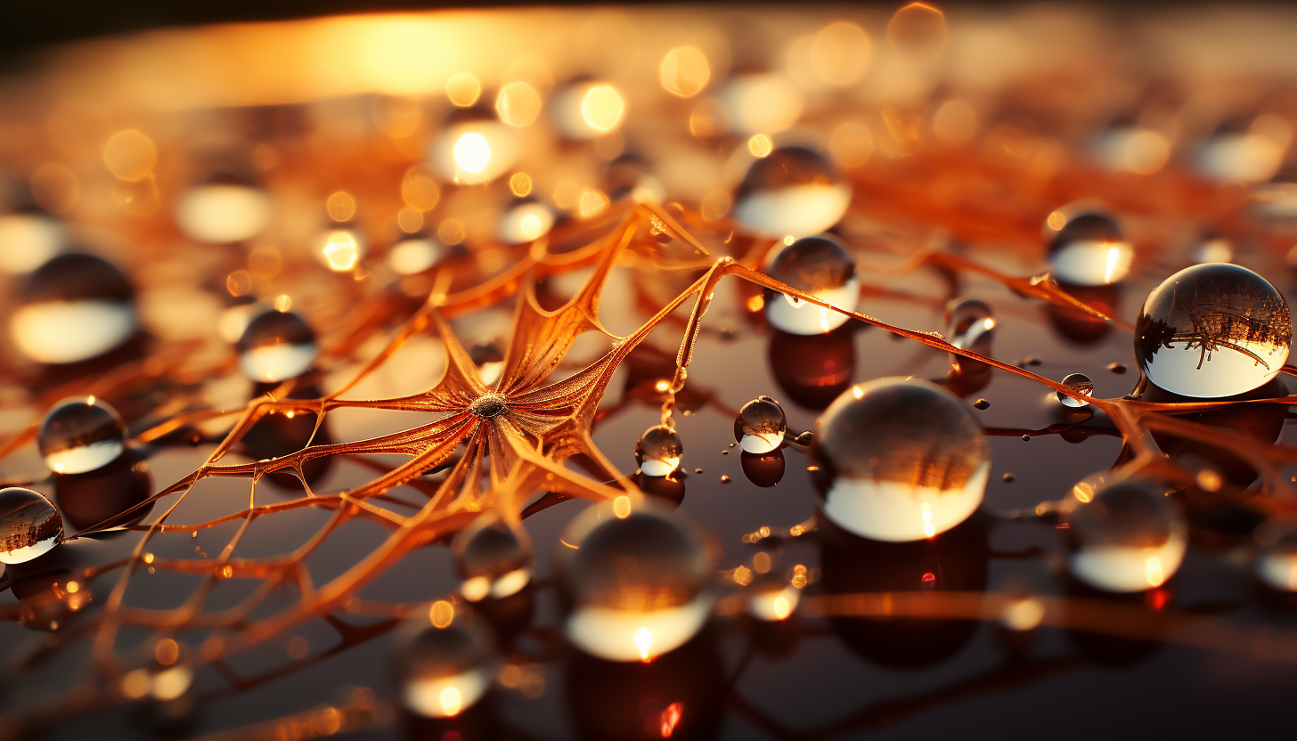 A close-up of dewdrops on a spiderweb, reflecting the morning sun.