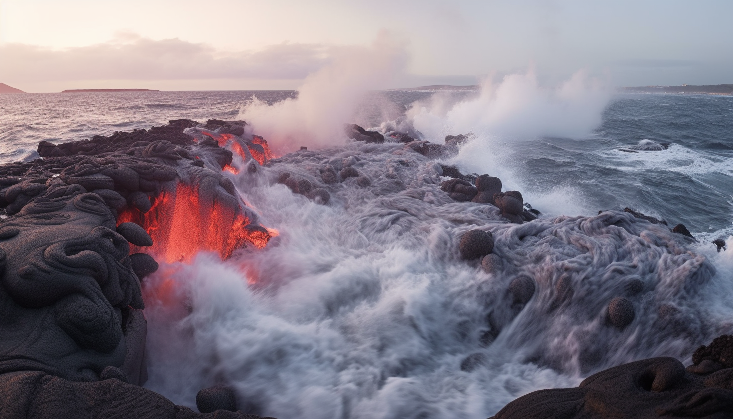 Cascades of lava flowing into the ocean from an active volcano.