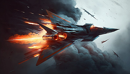 A fighter jet flying through the sky with flames and smoke trailing behind it, creating a sense of speed and power.