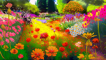 "Flower Power": A garden bursting with a riot of colorful flowers, creating a stunning and cheerful scene.