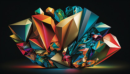 An abstract composition of colorful geometric shapes, arranged to resemble a brilliant diamond or other precious gemstone, set against a carbon-like backdrop.