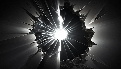 A brilliant burst of light shining through a crack in a carbon fiber material, creating a striking visual effect.