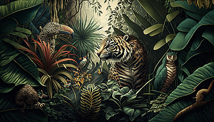 A dense jungle with exotic animals hiding within the foliage