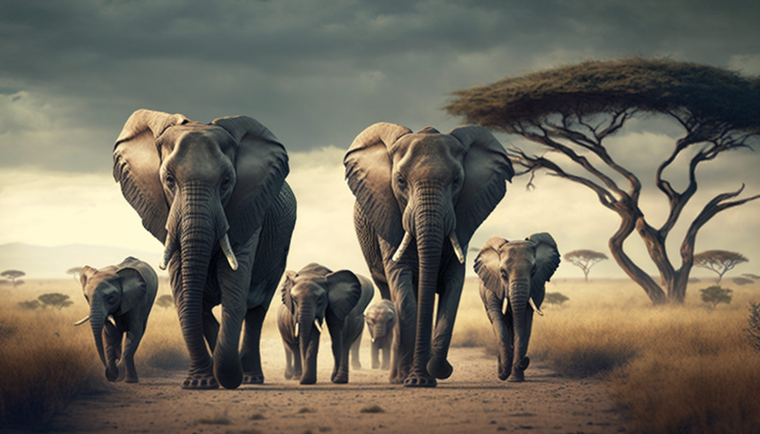 A group of elephants walking through a savanna