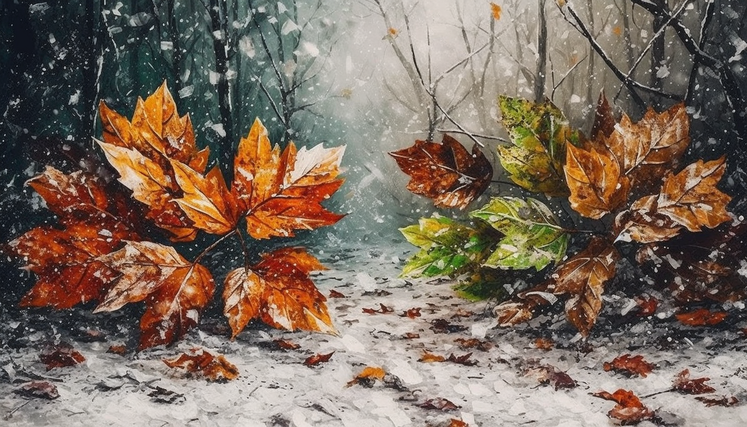 Art depicting the shift between seasons, like autumn leaves turning into winter snow.