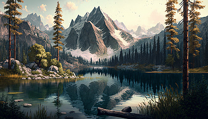 A serene lake surrounded by tall trees and mountains