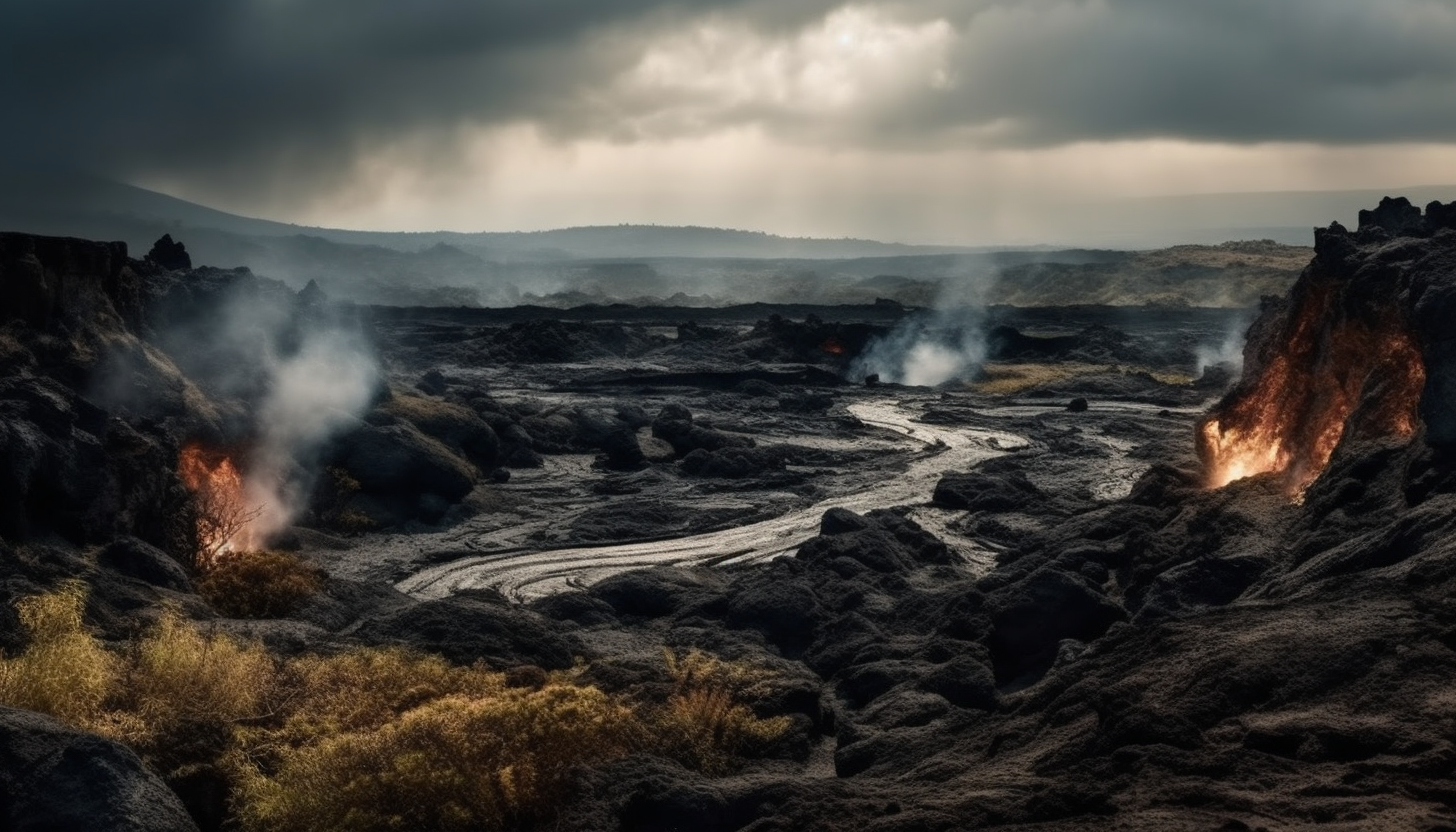 Dramatic volcanic landscapes with lava flows and smoking craters.