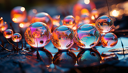 Close-up of iridescent bubbles reflecting the surrounding colors.