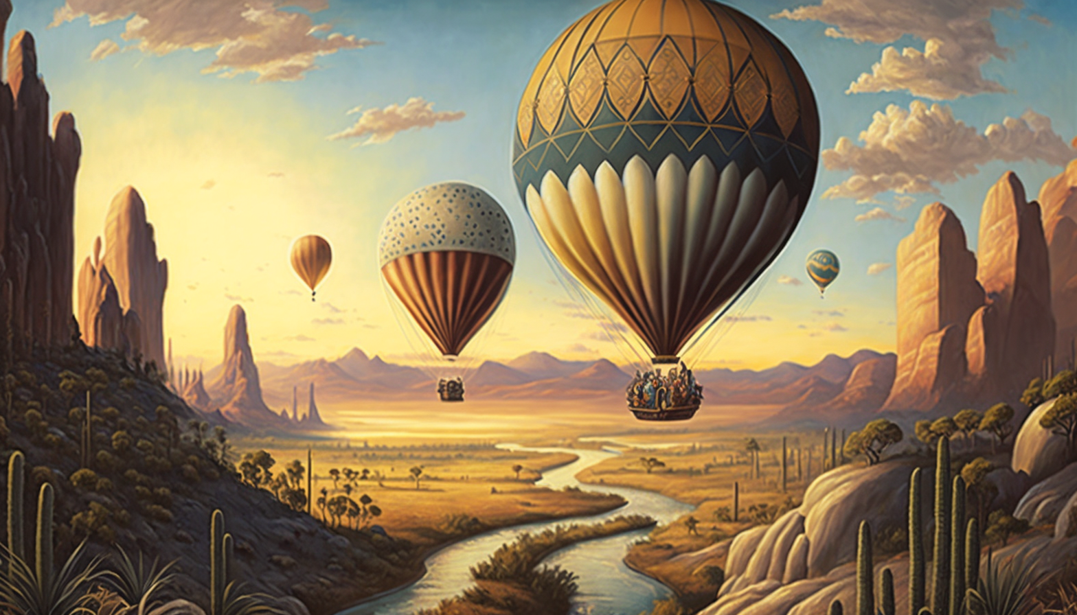 An oil painting of a hot air balloon festival over a scenic landscape.