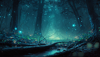 A dreamlike scene of a misty forest with glowing fireflies, highlighting the beauty of bioluminescence.
