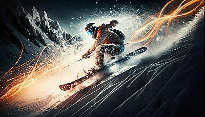 A skier carving down a mountain slope with sparks flying off their skis.