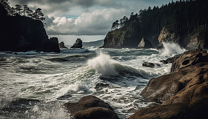 Coastal scenes with dramatic cliffs, crashing waves, and sandy beaches.