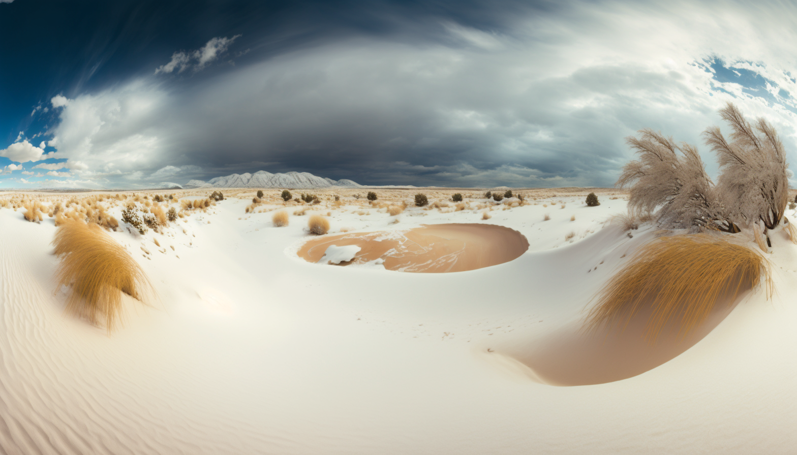 A panoramic shot of sand dunes with snow falling in the distance