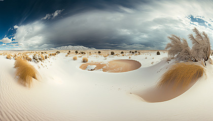 A panoramic shot of sand dunes with snow falling in the distance