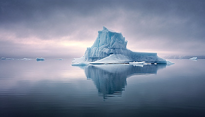 Icebergs adrift in a stark, polar seascape.