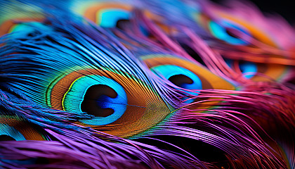 A close-up of a peacock feather displaying its colorful, iridescent patterns.