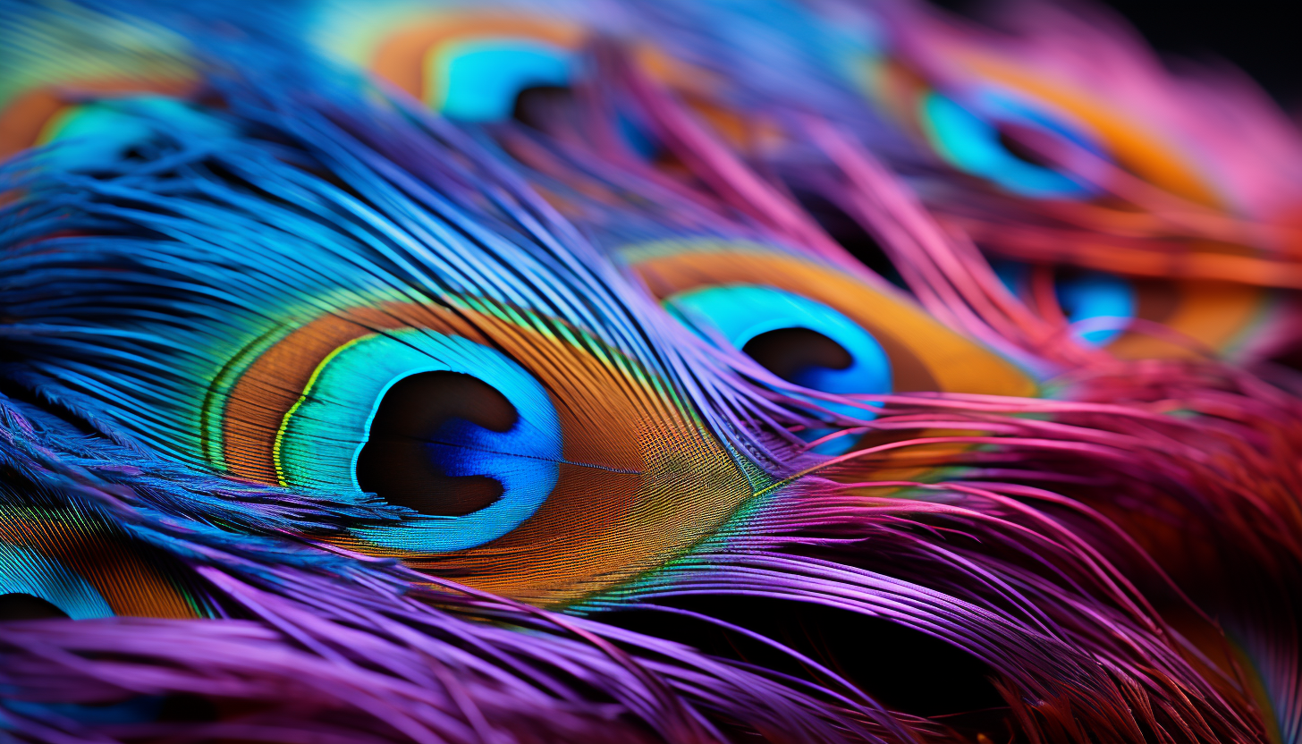 A close-up of a peacock feather displaying its colorful, iridescent patterns.