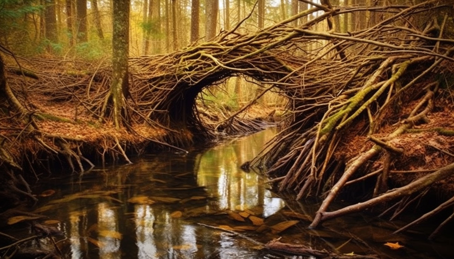 The intricate architecture of a beaver dam in a forest stream.