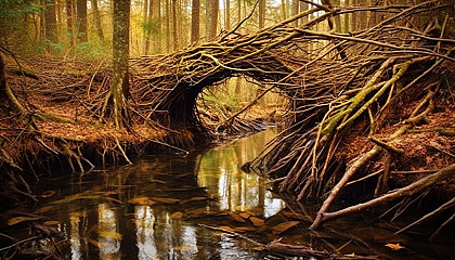 The intricate architecture of a beaver dam in a forest stream.